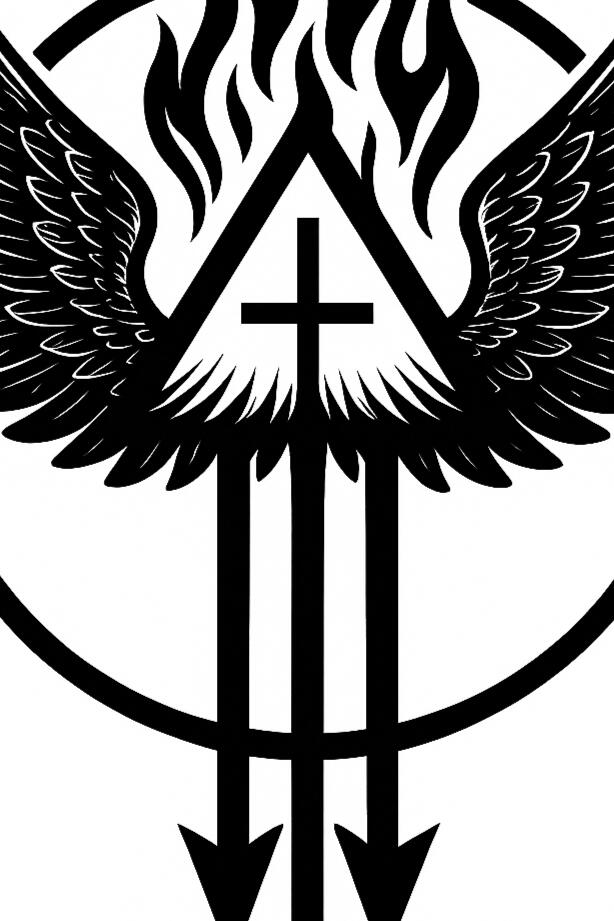 Max Marin Works sacred emblem Winged sacred emblem with flames, a circle, and three downward arrows.