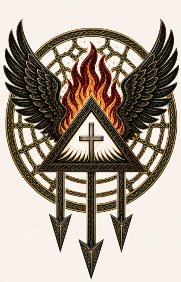 Max Marin Works sacred emblem Winged sacred emblem with flames, a circle, and three downward arrows.